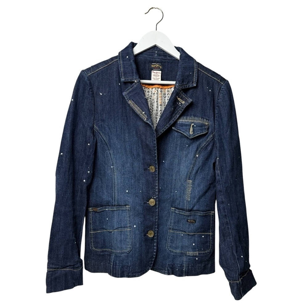 Pepe Jeans Jacket Women M/L London Blazer Denim Blue Lined 3 Button Notch Collar - Picture 10 of 10